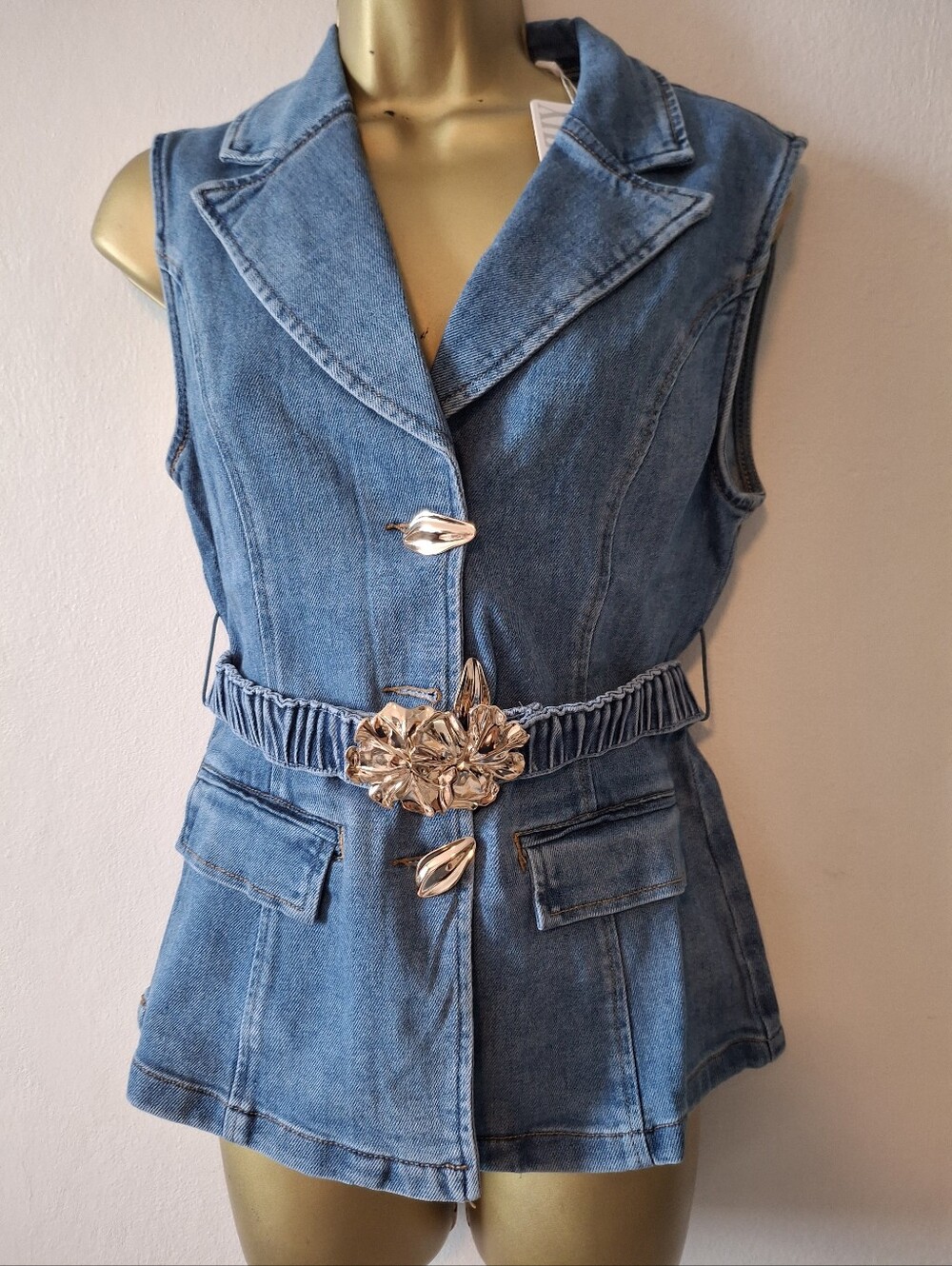 Denim Vest with Decorative Gold Floral Belt - Blue